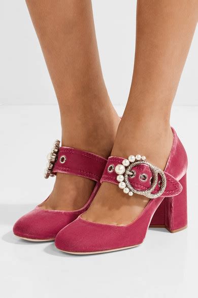 miu miu embellished velvet mary jane pumps|Miu Miu.